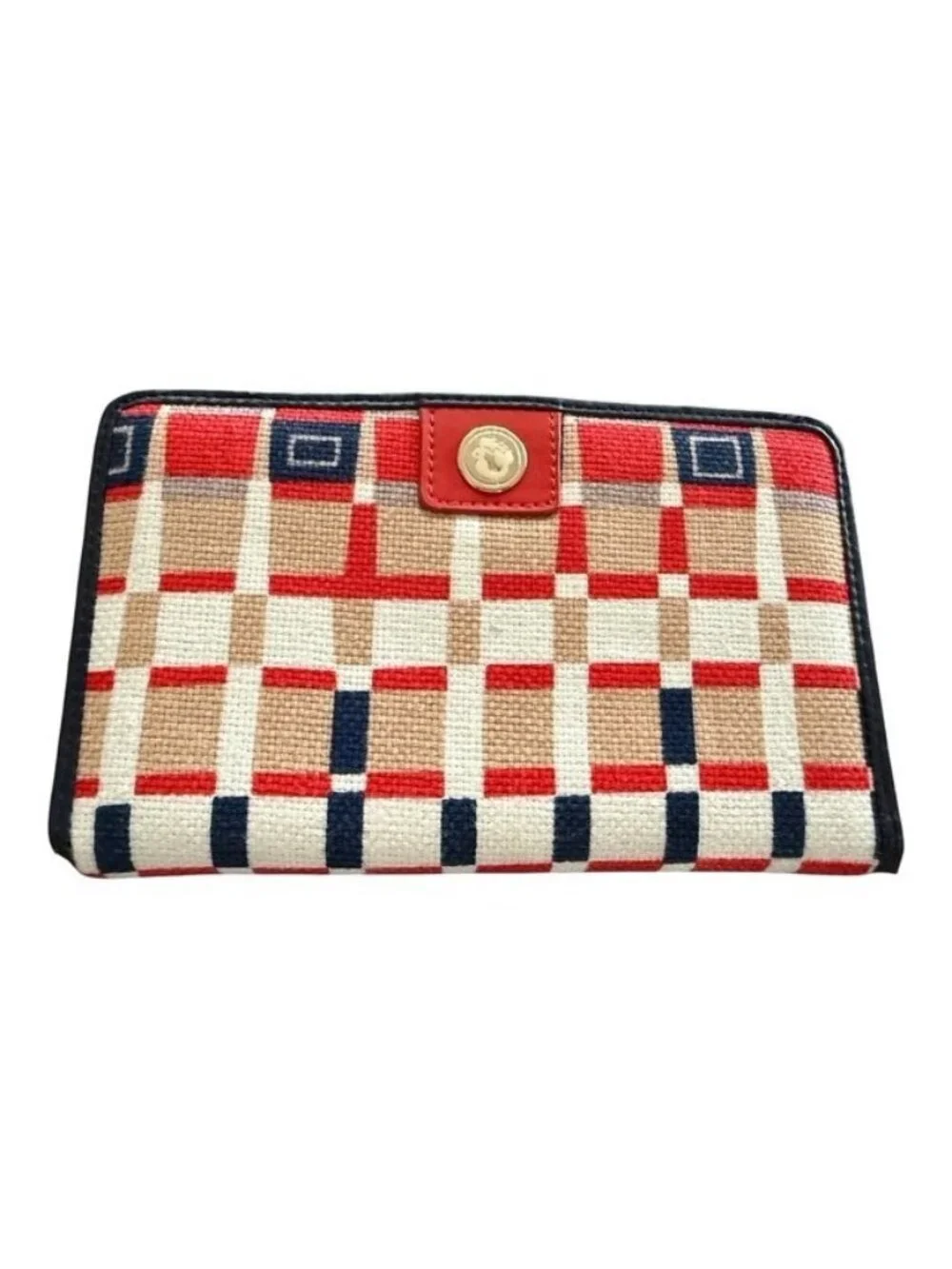 Spartina 449 Navy Red Beige Plaid Linen Leather Wallet Travel Clutch Passport